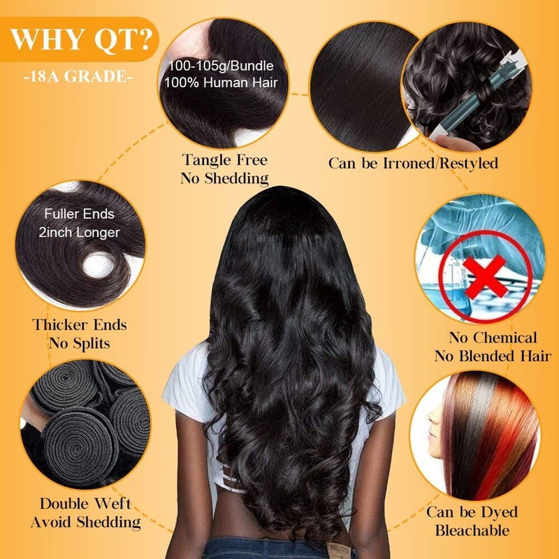 QTHAIR Brazilian Virgin Hair 18A Grade Body Wave Bundles 100% Unprocessed Virgin Brazilian Body Wavy Human Hair Bundles 20" 18" 16" 300g Brazilian Body Wave Human Hair Extensions - Image 2